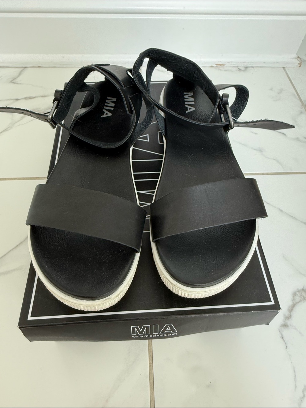 MIA Black Platform Ankle-Strap Sandals with White Sole